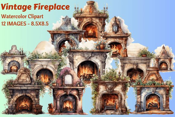 Download Vintage Fireplace Watercolor Clipart - Lace Collection