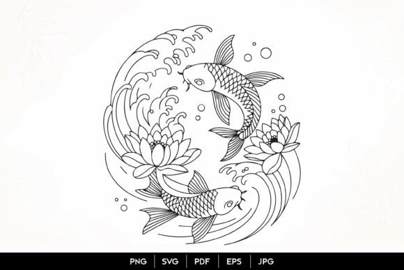 Download Koi Fish Lotus Wave Line Art SVGKoi Fish - Premium Bundle